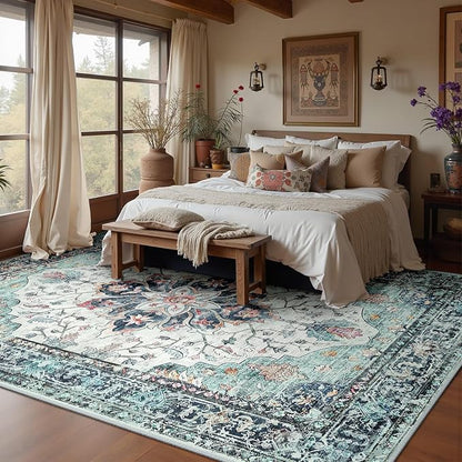 RELEANY Washable Area Rug, Large 9'x12', Teal Green/White/Navy | Non-Slip - Image 3