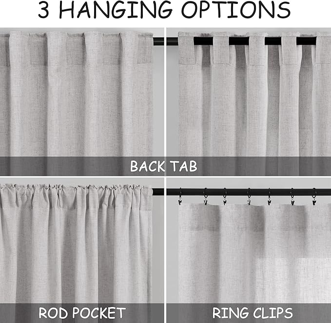 Grey Linen Back Tab Curtains 96 Inches Long 2 Panels Set - Image 3