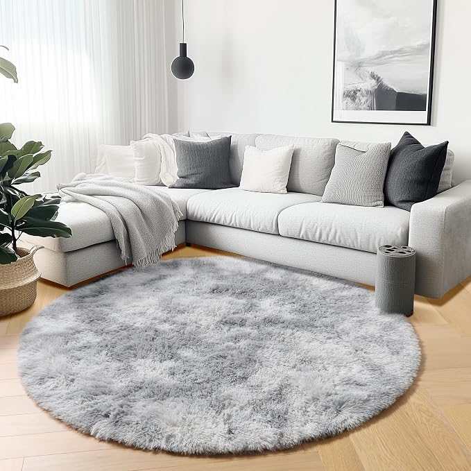 Round Rugs 5ft for Bedroom Living Room, Fluffy Tie-Dyed Light Grey Circle Area - Image 5