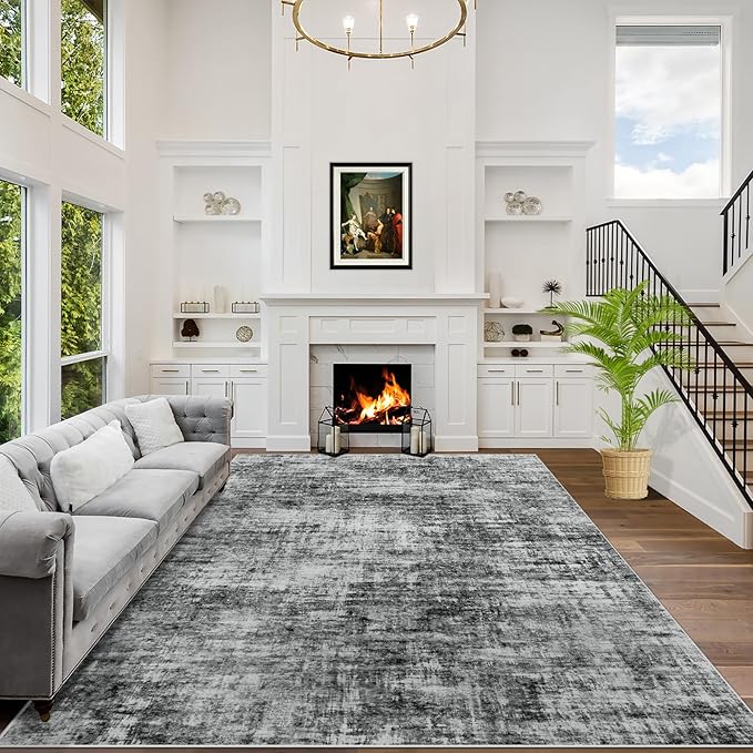 5x7 Area Rugs for Living Room: Washable Abstract Black Badroom Carpet | by GENTDRIZZ