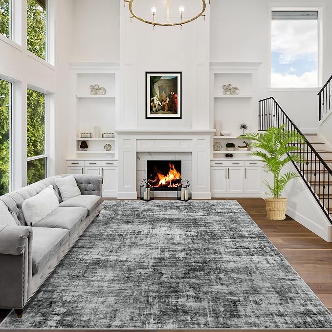 9x12 Area Rugs for Living Room: Washable Abstract Black Badroom Carpet | by GENTDRIZZ