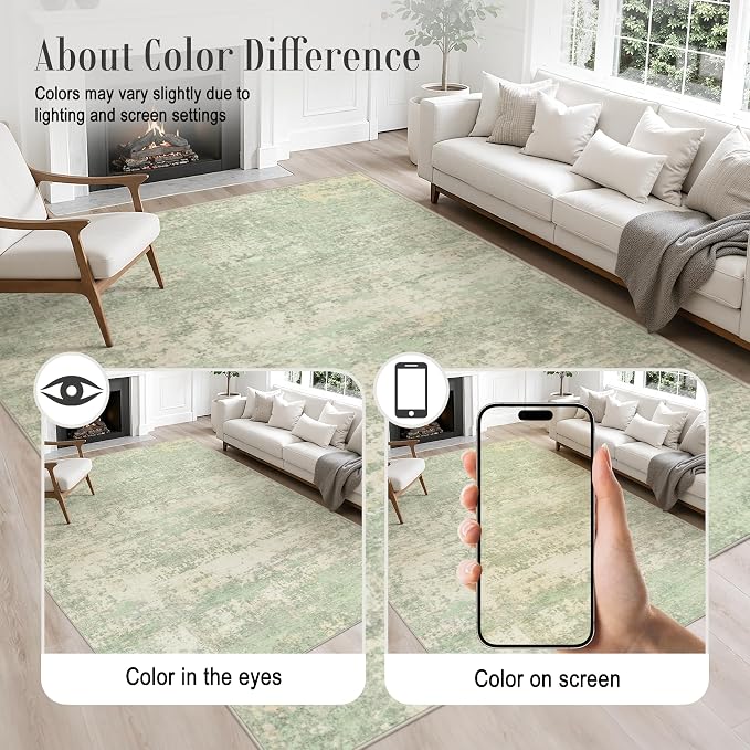 6x9 Area Rug Living Room: Modern Washable Soft Carpet Green Cream | - Image 6