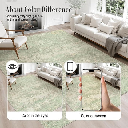 3x8 Washable Runner Rug：Modern Abstract Soft Carpet Green Cream | - Image 4