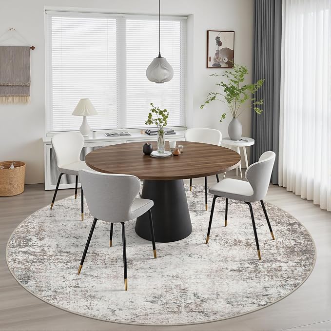 Round Area Rug Living Room: 8 ft Modern Washable Carpet Brown | - Image 3