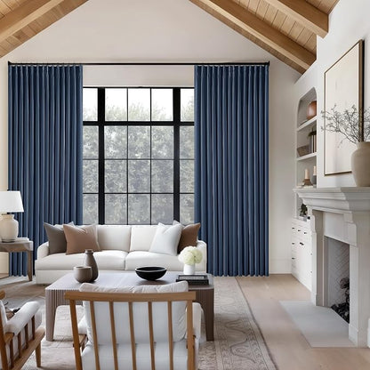 Dark Blue Pinch Pleated 100% Blackout Linen Bedroom Curtains 96 Inch Length | - Image 9