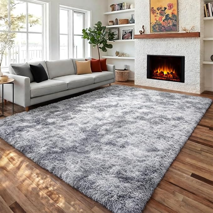 Light Grey Shaggy Abstract Area Rug 6x9 Feet, Plush Fluffy Rugs by PAGISOFE