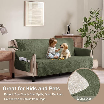 Olive Green Loveseat Covers for 2 Cushion Couch, Water-Repellent Slip Covers - Image 2