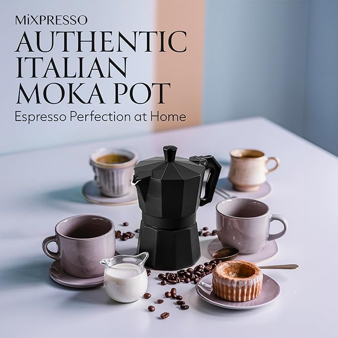 Mixpresso Black 3 Cup Moka Pot Cuban Coffee Maker, Moka Pot for Gas, Electric Stove Top, Classic Italian Coffee Maker, Stovetop Espresso Maker, Camping Pot Makes 3 Espresso Cup 5 Oz