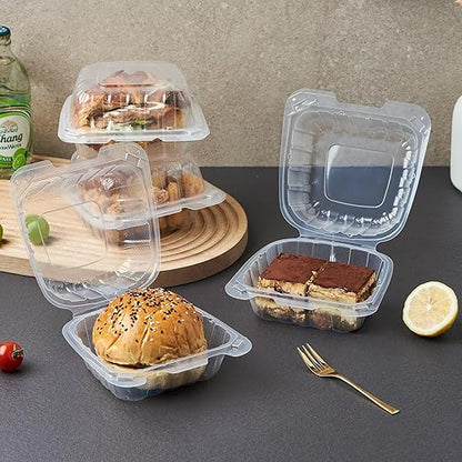 FULING 100 Count Clear Plastic Hinged Food Take Out To-Go Clamshell Containers, 6" W Disposable Takeout Tray for Dessert, Cakes, Cookies, Salads, Pasta, Sandwiches
