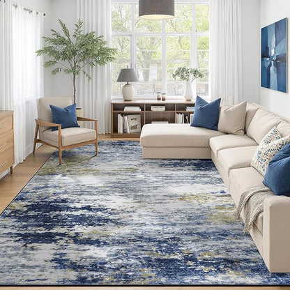9x12 Area Rug for Living Room, Abstract Washable Large Rugs, Dark Blue | by Lofus
