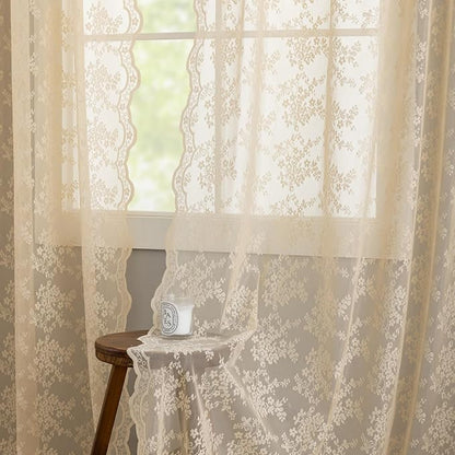 YJ YANJUN Vintage Lace Curtains 63 Inch Length Antique Chic Floral Beige Sheer - Image 4