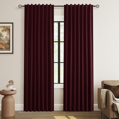 Burgundy 100% Blackout Linen Curtains 84 Inch Length 2 Panels Set by Guken