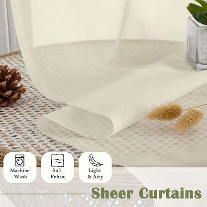 Cream Sheer Curtains 63 Inch Length 2 Panels, Rod Pocket Light Filtering - Image 4