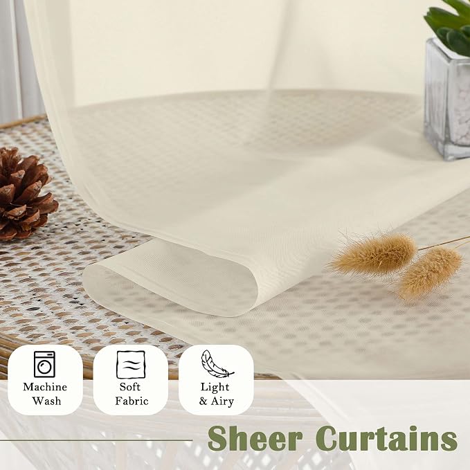 Cream Sheer Curtains for Bedroom 90 Inches Long 2 Pcs, Rod Pockets Window - Image 8