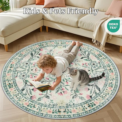 PLHXFR Round Area Rug Living Room: 4 ft Floral Washable Carpet Green Beige | - Image 8