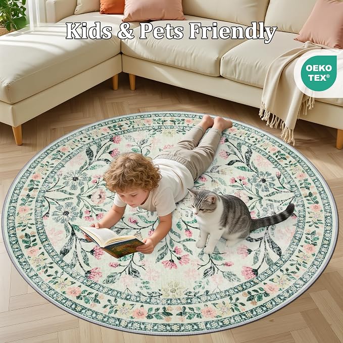 PLHXFR Round Area Rug Living Room: 6 ft Floral Washable Carpet Green Beige | - Image 8