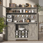 55'' Farmhouse Coffee Bar Cabinet with 3 Tier Storage Hutch, Coffee Bar Station with Sliding Barn Door, Hutch Storage Cabinet with 12 Wine Racks & 9 Hooks for Kitchen Dining Living Room