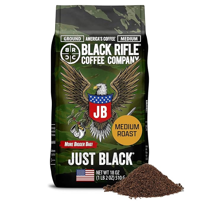 Black Rifle Coffee Company Ground Coffee Medium Roast - Roasted Blend Made from Pure Arabica Beans - Colombian & Brazilian Beans - Veteran Founded & American Made (Just Black, 18oz Bag)