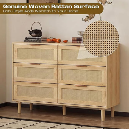 FUQARHY 6 Drawer Dresser Rattan Dresser Modern Chest - Image 5