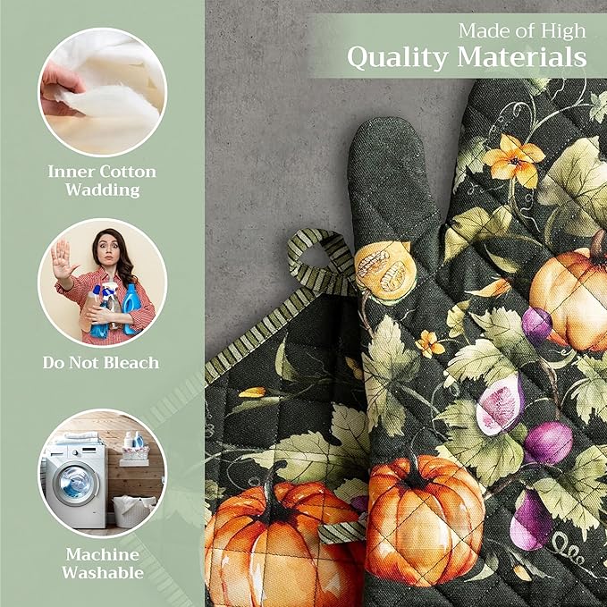 Maison d' Hermine 100% Cotton Oven Mitt & Pot Holder Set (7.5"x13" & 8"x8") Heat Resistant BBQ Cooking Gloves with Loop, Baking, Grilling, Kitchen, Handling Hot Pans (Pumpkin Garden - Dark Green)