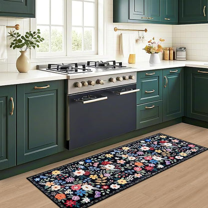 PLHXFR 2x6 Washable Runner Rug：Floral Indoor Kitchen Soft Carpet Black | - Image 6