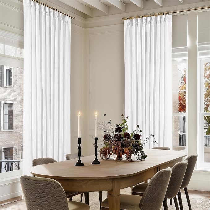 60 Inch Width Curtains 96 Inch White Linen Curtains Pinch Pleated | Linen Blend - Image 6