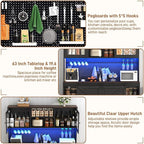 74" Tall 63" Wide Larg Bar Cabinet w/ Outlet,6000-color LED Light,Pegboard,Farmhouse Hutch Bar Cabinet w/Barn Door,2 Big Drawers,Adjustable Shelves,10 Wine & Glasses Rack,5 Hook for Kitchen,Black