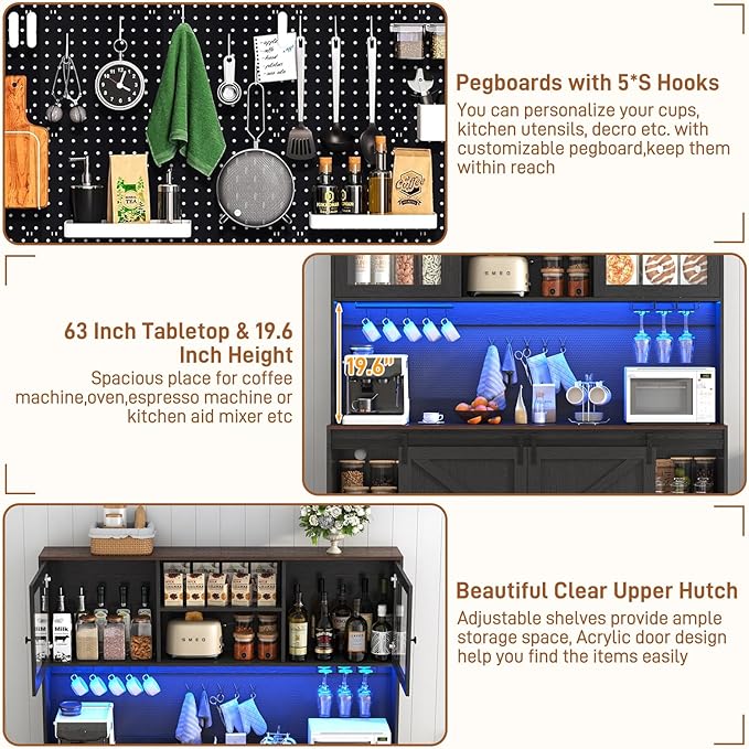 74" Tall 63" Wide Larg Bar Cabinet w/ Outlet,6000-color LED Light,Pegboard,Farmhouse Hutch Bar Cabinet w/Barn Door,2 Big Drawers,Adjustable Shelves,10 Wine & Glasses Rack,5 Hook for Kitchen,Black