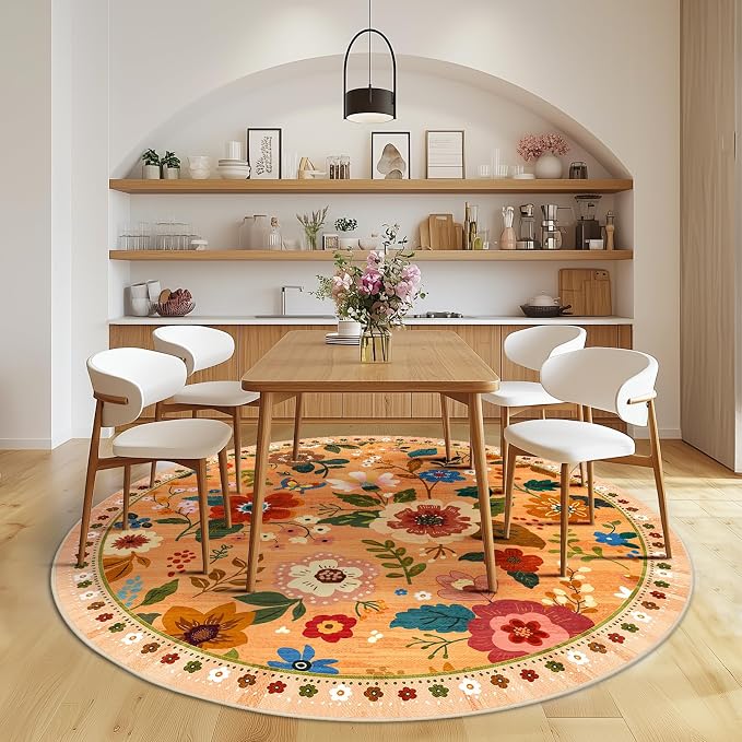 RELEANY Floral Washable Round 4ft Area Rug Yellow/Orange/Red | Flower Carpet - Image 9