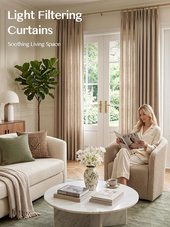 Pinch Pleated Linen Curtains 84 Inch Length 2 Panels, Light Filtering Linen - Image 2