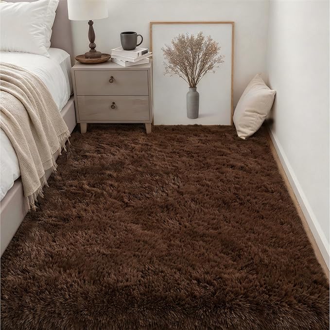Area Rug Living Room Bedroom: 4x6 Fluffy Plush Shag Carpet Brown | - Image 3