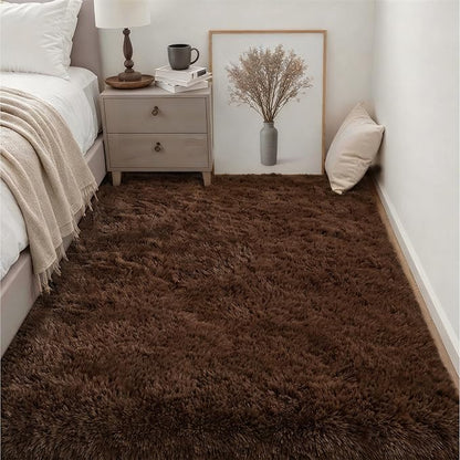 Area Rug Living Room Bedroom: 4x6 Fluffy Plush Shag Carpet Brown | - Image 3