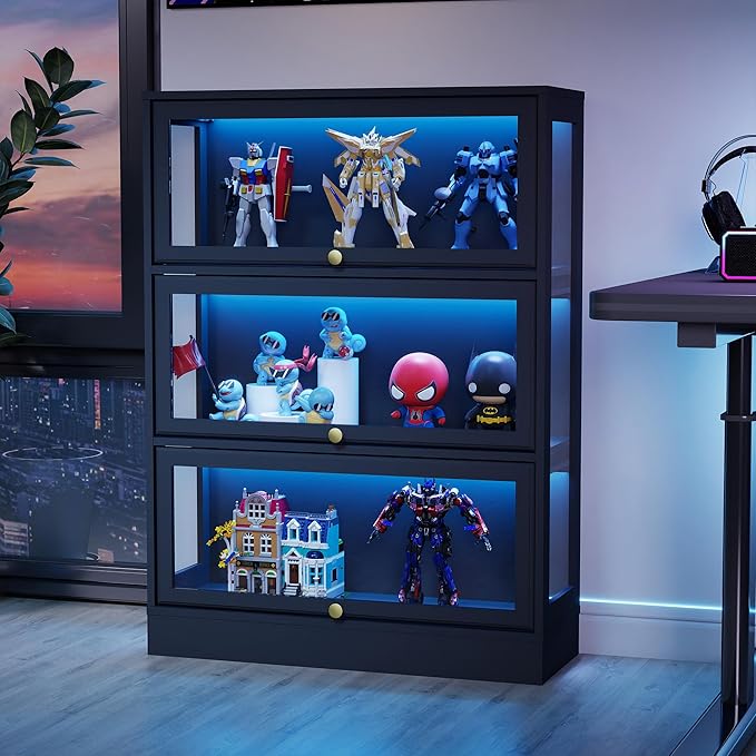 Display Cabinet with Acrylic Glass Doors, 3-Tiers Curio Cabinet with LED by BONITURE