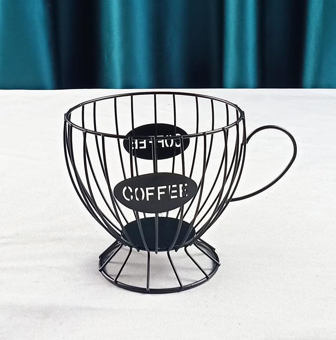 Coffee Pod Holder,Large K-Cup & Nespresso Capsule Organizer, Coffee Capsule Basket, Metal Coffee Bar Organizer for Kitchen Dinning Room Office Home Cafe Hotel (Black-Tea Cup )