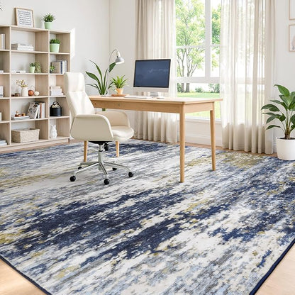 9x12 Area Rug for Living Room, Abstract Washable Large Rugs, Dark Blue | - Image 6
