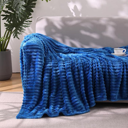 Classic Blue Throw Blanket for Couch Sofa 50"x60" Striped Design | Fleece - Image 2