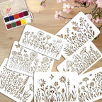 16PCS Large Flower Stencils for Painting Wildflower Stencils with Brushes Floral Spray Paint Stencil Reusable Drawing Template for Walls Garden Fence Furniture Card