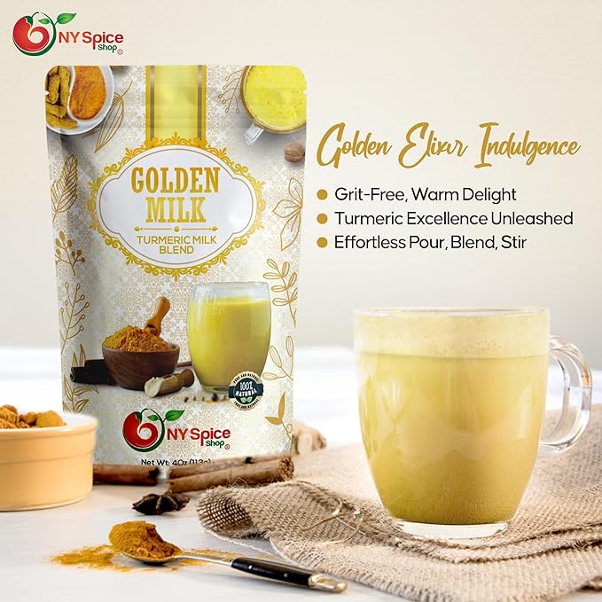 NY SPICE SHOP Golden Milk Superfood Powder – 4 Oz (Ounce) Instant Latte Mix Superfood with Turmeric - Superfood Blend of Turmeric, Cinnamon, Ginger, Black Pepper, Nutmeg, Green Cardamom