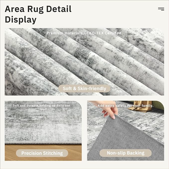 Soalmost Abstract Rug 8x10 Large Living Room Area Rugs Washable Gray/White | - Image 6