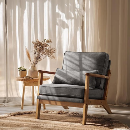 VINGLI Solid Wood Wide Armrests Accent Chair, Upholstered Mid Century Modern by VINGLI