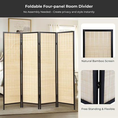 Roundhill Furniture Inkwell 4-Panel Bamboo Room Divider, Folding Portable - Image 4