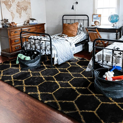 6x9 Area Rugs for Living Room Bedroom, Fluffy Black and Gold Geometric Rug | - Image 8