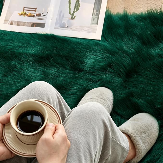 MIULEE Fluffy Area Rug 3'x5' Large Faux Fur Sheepskin Rug Dark Green | Luxury - Image 3