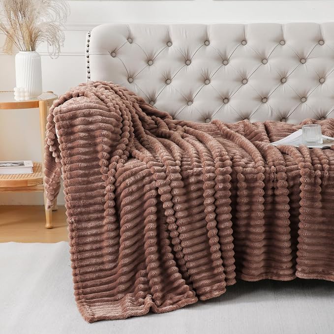 Chocolate Throw Blanket for Couch Sofa 90x90 inches Striped Design | Fleece - Image 5