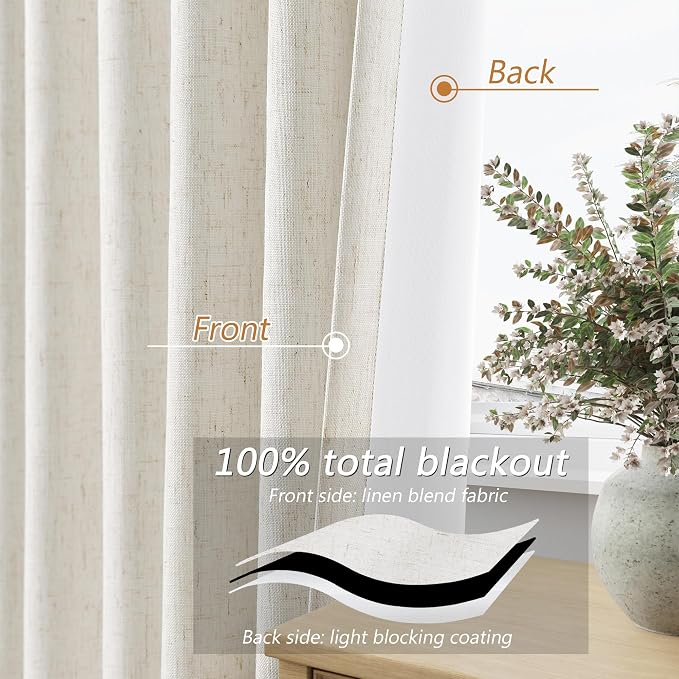 Beige White 100% Blackout Linen Curtains 72 Inch Length 2 Panels Set - Image 4