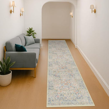 Washable Beige Blue 2x10 Runner Rug - Image 6