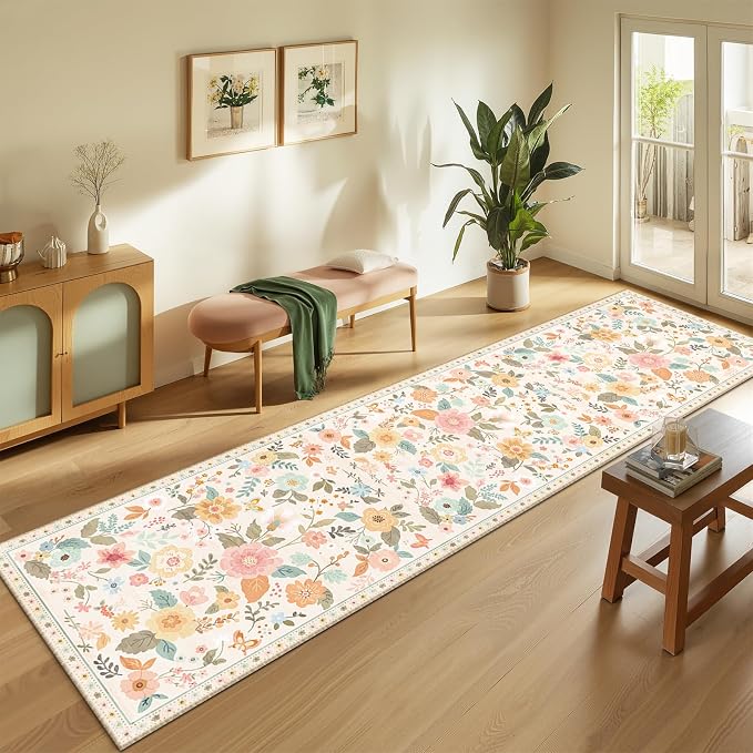 Floral Washable 2x10 Area Rugs Runner Entryway Hallway Beige/White/Orange | - Image 2