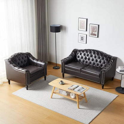 LEVNARY Chesterfield Loveseat Leather, Upholstered Sofa - Image 8