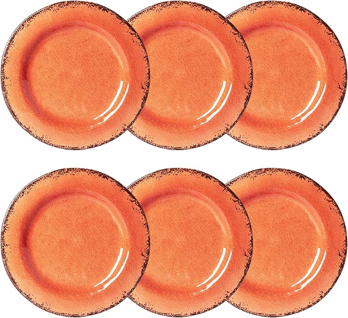 LEHAHA Rustic Farmhouse Melamine Dinner Plates Set of 6, 11 inch Lightweight Camper RV Dishes, Indoor and Outdoor Use, Reusable, Sturdy and Dishwasher Safe, Orange