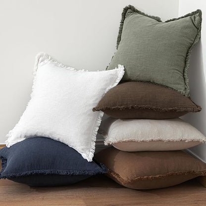 MIULEE Linen Fringe Decorative Fall Pillow Covers Chocolate Brown 20x20 | Set - Image 6